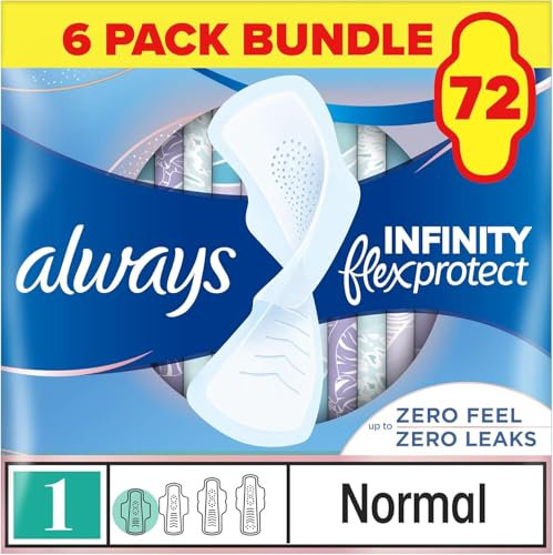 Always Infinity FlexProtect Sanitary Towels, Size 1 Normal, 6 Packs of 12 Count, Unscented, for up to Zero Feel & Zero Leaks, Super Absorbent & Flexible Protection