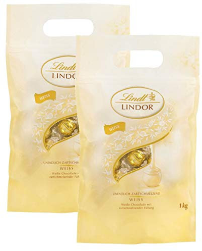 Lindt LINDOR Schokoladen Kugeln weiß | 1 kg Beutel, wiederverschließbar | ca. 80 Schokoladen Kugeln weiße Schokolade mit zartschmelzender Füllung | Großpackung, Pralinen-Geschenk (2 x 1 kg)