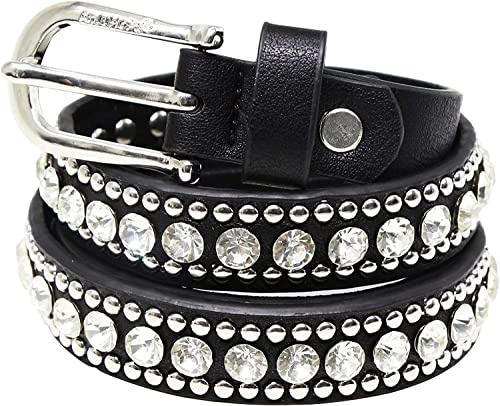 AnJuHoPa Hebilla de cuero Cinturón con remaches de diamantes de imitación Cinturón para mujer Jeans Cinturón Verano 70cm (adulto) Negro
