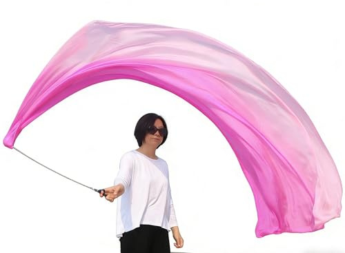 Winged Sirenny 230cm Bauchtanz Seidenschleier Poi Bälle mit Leichter Seidenschleier & Edelstahlseil für Bauchtanz, Tribal Dance, Flow-Kunst, Aufführungen & Anbetungstanz, 1 Stück (rosa Farbverlauf)