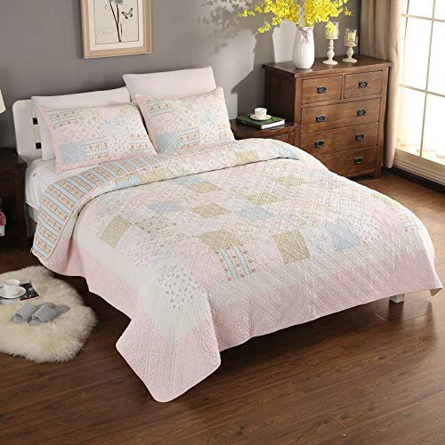 CXLT Echte Patchwork Gesteppte Tagesdecke Wirft Premium Ultra Soft Steppdecke 100% Baumwolle Bequemes 3-teiliges Bettwäscheset Bettüberwurf Und 2 Kissenbezüge,Pink1-King:220x240cm+50x70cmx2