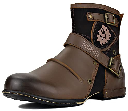 OSSTONE Herren Leder chukkastiefel Worker Biker Boots-Motorrad-Leder-Schuhe für reißverschluss Schnürstiefeletten Boots OS-5008-1-NH-DE-R