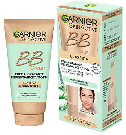 Garnier BB Cream Classica SkinActive, Per Pelle Uniforme e Idratata, Look Naturale, Arricchita con Acido Ialuronico, Aloe Vera e Pigmenti Minerali, SPF 15, Tonalità: Medio-Scura