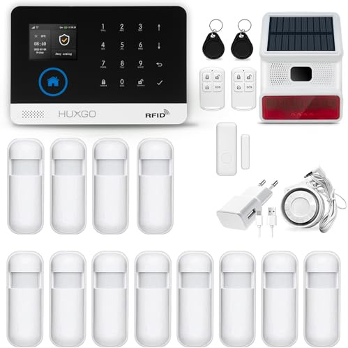 HUXGO, HXA003, Sistema de Alarma inalámbrico con 12 detectores de Movimiento y Segunda Sirena inalámbrica, Módulos: WiFi + gsm 4G, aplicación Tuya Smart, SMS, Control Desde el teléfono, Espańol