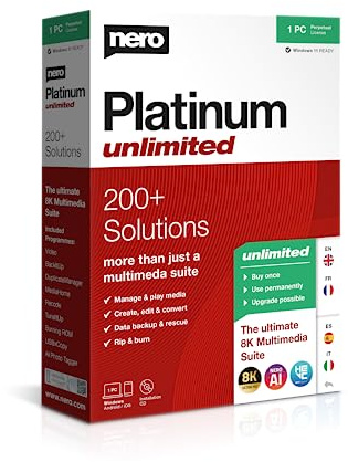 Nero Platinum Unlimited | Retailbox mit CD | Videobearbeitung | Medien verwalten & abspielen | Künstliche Intelligenz | 8K | Fotos | Musik | PC Tuning | Windows 11 / 10 / 8 / 7