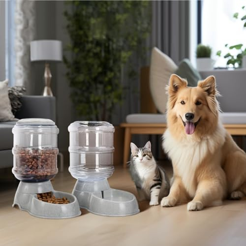 Navaris Dispensadores de Agua y Comida para Gatos y Perros – 3,8 L c/u - Bebedero y Comedero Automático para Mascotas – Set de Dispensadores