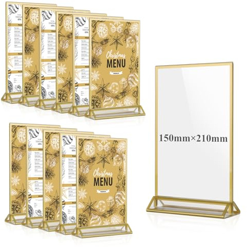 efuturetime 12PCS Tischaufsteller A5 Doppelseitig Menükartenhalter Gold | Plexiglas Acryl Bilderrahmen, T-Ständer, Thekenaufsteller, Fotorahmen für Foto, Hochzeitstischnummern, Cafe und Restaurant