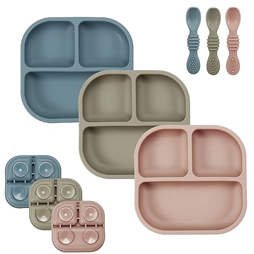 PandaEar Assiettes à Suction pour Bébé, Ensemble de 3 Assiettes en Silicone & Cuillères pour Bébés Tout-Petits Nourrissons Enfants, Assiette Divisée à Suction pour Tout-Petit (Bleu/Rouge/Marron)