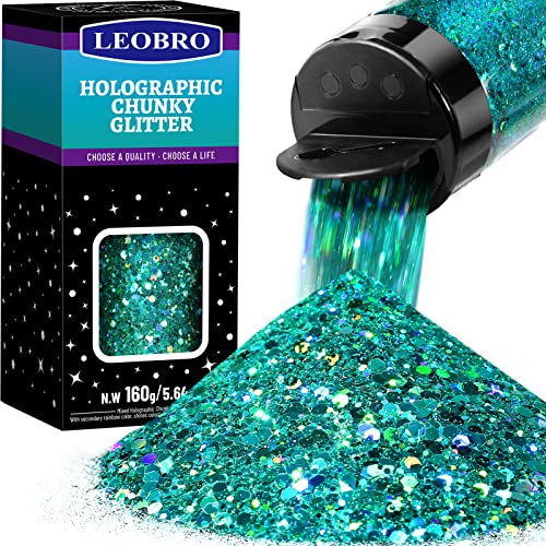 LEOBRO Holografischer klobiger Glitzer, 160 g, Bastelglitzer für Harz, Festival, Kosmetik, Chunck, Glitzerflocken, Pailletten, Pfauenblau, klobiger Glitzer für Körper, Gesicht, Handwerk usw