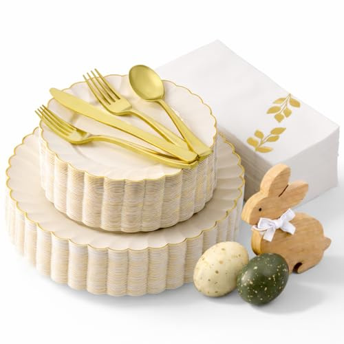 By Madee HEAVYWEIGHT 175 Pc Fancy Plastic Dinnerware Sets | Ivory Scalloped Plastic with Gold Trim | Nice Disposable Plates and Cutlery Set with Glam Napkins (50 Guests)