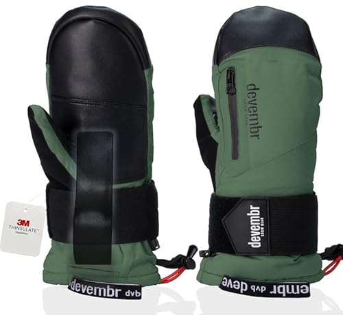 devembr Ski Mittens with Wrist Guards, Snowboarding Mittens Touchscreen, Snow Mittens Waterproof, Green, M