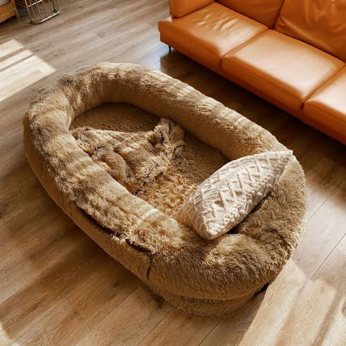 JSLJJBD Dog Bed, Human Dog Bed, Rundes Plüsch-haustiernest, Faltbares Menschliches Hundebett, Grau, Khaki 5XL：165×100×25cm Khaki