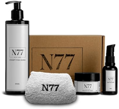 N77 - El set completo para tu barba. Shampoo, aceite, balsamo y toalla todo en uno. 100% naturales.