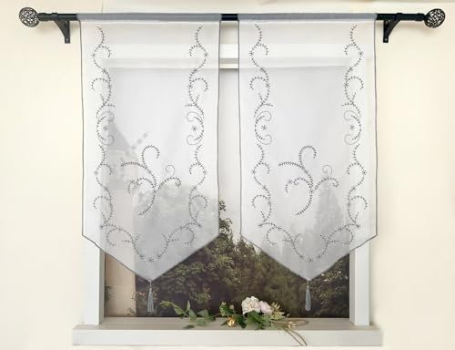 Devola Panneaux Gardinen Landhaus Scheibengardinen mit Stickerei Küchengardine Transparent Bistrogardine mit Quaste Tür Gardine HxB 90x60cm Dunkelgrau 1 Stück