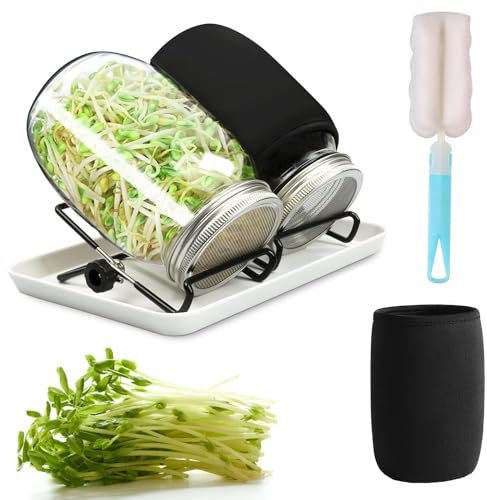 Ompinda Seed Sprouting Jar Kit, 2 Pcs Wide Mouth Glass Mason Jars(32oz) with Stainless Steel Screen Sprout Lids,Tray,Stand,Blackout Sleeves Used to Grow Broccoli, Alfalfa, Mung Bean