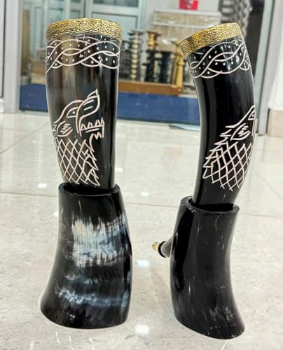 Wolf Engraving Ox-Horn Viking Drinking Horn Mug With Stand & Brass Rim Halloween Party Gift Set of 2 Beer Wine Mead Christmas Birthday Wedding Gift for men mug viking horn