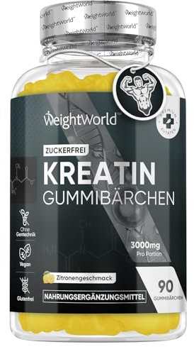Creatin Monohydrat Gummibärchen - 3000 mg Kreatin pro Portion - 90 Gummies Ohne Zucker - Leckere Kreatin Gummies mit Zitronengeschmack - Ohne Gentechnik - Vegane Gummibärchen von WeightWorld