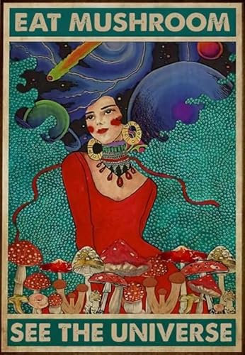 kisoyo Metal Signs Hippie Girl Eat Mushroom See The Universe Signs Retro Aluminum Sign for Home Coffee 8x12 Inches