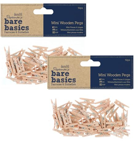 Papermania Lot de 100 mini pinces à linge en bois naturel (2 paquets de 50) pour loisirs créatifs, décoration, décoration d'intérieur, mariage, petits objets d'artisanat essentiels