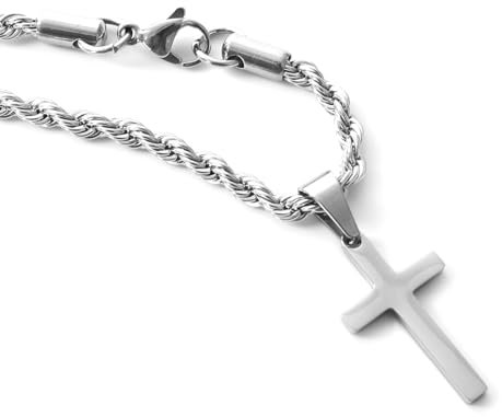Collar de Cruz para Hombre con Colgante de Acero Inoxidable y Cadena de Cuerda - Joyería de Moda, Collar de Plata - Regalos para Él, Regalos de Novio - One Size
