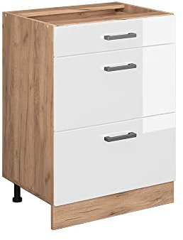 Vicco Küchenunterschrank R-Line, Weiß Hochglanz/Goldkraft Eiche, 60 cm mit Schubladen, AP Anthrazit
