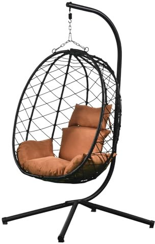 RAMROXX Luxus Hängesessel New XXL Gestell mit Korb Schwarz und Kissen Braun