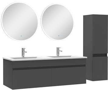AICA Ensemble Salle de Bain Double Vasque avec Colonne et Miroir Rond 120cm Meuble Anthracite