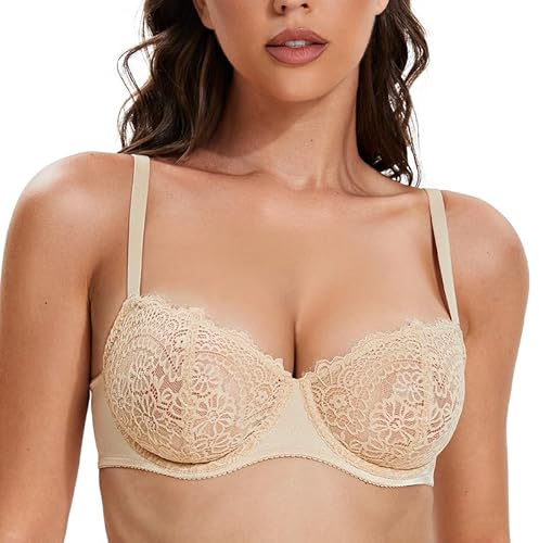 Deyllo Balconette BH Damen mit Bügel Push up Dirndl BH mit Spitzen Große Größen Soft Schalen Bralette Tiefer Rückenausschnitt Sexy BH Ungepolstert Hautfarbe 85D