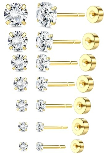 ADRAMATA 7 par trådlösa örhängen med platt rygg kirurgiska örhängen i rostfritt stål för kvinnor män 2-8 mm 5 A kubisk zirkonia-örhängen dubbar läckert tryckstift broskörhänge piercing allergivänliga