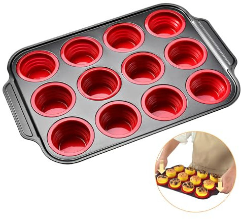 Foyucool Plegable Molde de Silicona para Magdalenas, Molde para 12 Magdalenas, Press to Release, Antiadherente Molde Muffins, Bandeja para Muffins de Calidad Alimentaria, Molde para Tartas, Rojo