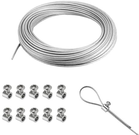 Drahtseil aus 304 Edelstahl mit 10 wiederverwendbaren Drahtseil-Kabelklemmen, Drahtseilklemmen mit Schraube, Durchmesser 1,2 mm, Drahtseil zum Trocknen im Freien oder zum Basteln, Typ B, 5 m