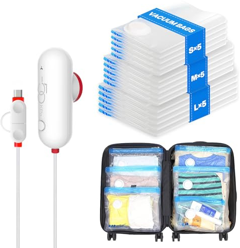 VMstr 15 Pack Travel Vacuum Storage Bags with USB Pump, Vacuum Packing Seal for Luggage and Suitcase, Space Saver for Clothes and Clothing Travel
