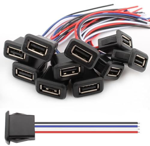 VISSQH 10 PCS Micro USB Socket,3A 4 pin USB Female Type A Soldering Jack with Card Buckle,4 Wire Micro USB Panel Mount connector,22AWG USB Socket Pigtail Cable Extension Power Cable