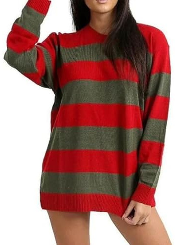 ANZEE Ladies Freddy Style Red and Green Stripe Knitted Jumper - Womens Halloween Fancy Dress Party Top - Unisex Long Sleeve Casual Winter Sweatshirt Sweater (UK, Numeric, 8, 14, Freddy Krueger Short)