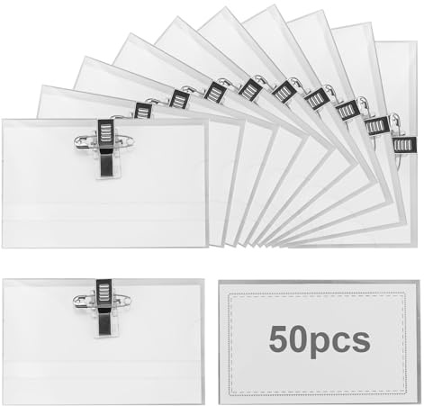 Porte Badge 50pcs étiquettes nominatives transparentes de 90 x 56 mm avec clip et épingle, Porte-Carte d'Identité Transparent Résistant à l’Eau Pour Badge Infirmiere Ecoles Entreprises