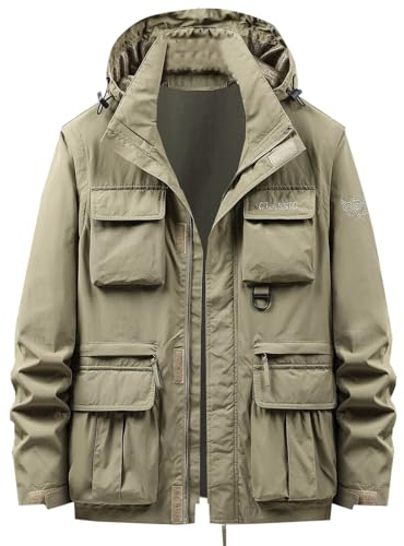 Dmmtot Chaqueta para hombre al aire libre con múltiples bolsillos, casual, color sólido, con cremallera, multifuncional, desmontable, manga larga, con capucha, cortavientos, chaqueta de combate,