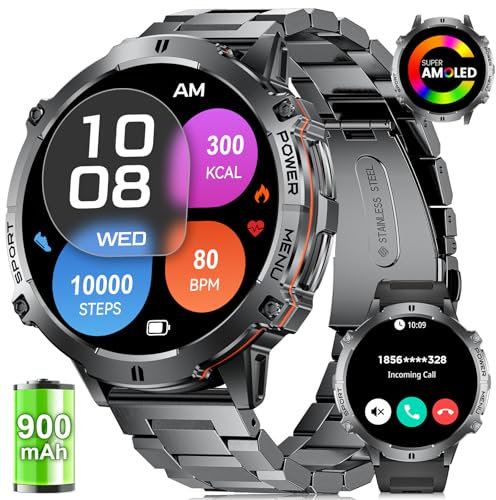 LIGE Smartwatch Uomo con Chiamate Bluetooth, 900mAh/1.73 Amoled Smart Watch con 110+ Modalità Sportive/IP68 Impermeabile, Cardiofrequenzimetro/Sonno Fitness Tracker per iOS Android, Nero