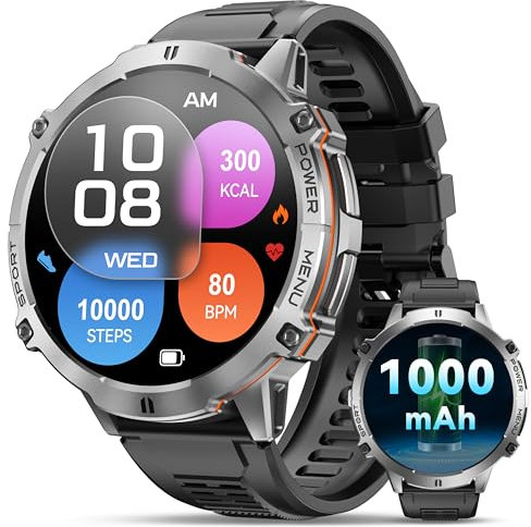 OUKITEL Smartwatch Herren BT13-1000mAh Akku Uhren Herren, 1,73 Zoll AMOLED Display, DA GPT Chat, IP68 Wasserdicht Fitnessuhr mit Herzfrequenz Oxymetrie Schlafüberwachung Kompass (Grau)