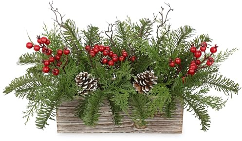 Hollyone 24CM Christmas Potted Decorations with Wooden Pot, Rustic Christmas Home Decor with Pine Needles, Berries, Pine Cones, Sticks, Fake Plants Xmas Ornaments for Shelf, Windowsill, Desk