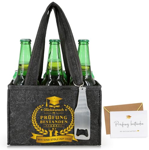 WenmthG Bestandene Prüfung Geschenk Lustige Biertasche für 6 Bierflaschen, Bachelor Abschluss Geschenk Männerhandtasche Bier aus Hochwertigem Filz