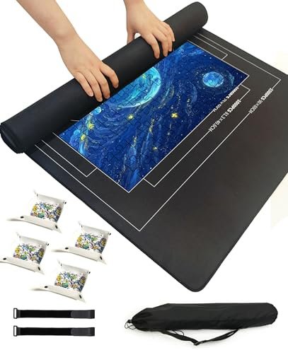 LaiEr Puzzlematte Roll Board Rutschfester Filz 120 X 60 cm (47 X 26 Zoll) mit tragbarer Aufbewahrungstasche und 4 Sortierbeutelnfür 500, 1000 oder 1500 Teile Puzzles（Schwarz