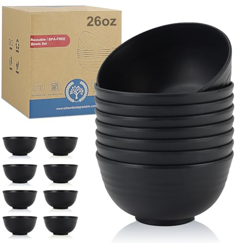 Wrova Cereal Bowls Kitchen Bowls Set 26 OZ - Lightweight Bowl Set 8 PCS Plastic Bowl Reusable Dishwasher & Microwave Safe Bowl for Kitchen - Black
