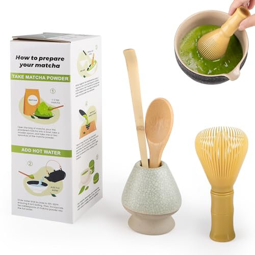 Juego de 4 piezas Matcha de Ceremonia Japonesa, Batidor Matcha de Resina, Cuchara de Bambú, Pala de Bambú, Soporte de Batidor, Conjunto Perfecto para Preparar, Verde Malla
