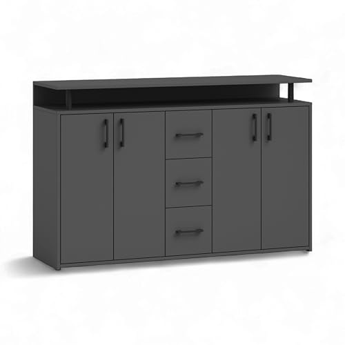 Stella Trading Drift Highboard mit Ablage in Anthrazit - Moderner Wohnzimmerschrank mit Schubladen und viel Stauraum für Ihren Wohnbereich - 139 x 90 x 34 cm (B/H/T)