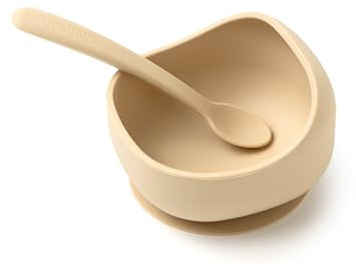 Muchmellow – 2-teiliges Silikon-Kindergeschirr-Set, Made in Italy, Schüssel mit Anti-Rutsch-Saugnapf, weicher Löffel, Beikost, plastikfrei, BPA-frei, spülmaschinenfest (Beige)