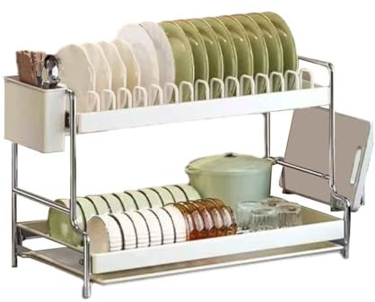 JUSHZ Escurreplatos sobre Fregadero Escurridor De Platos Escurre para Muebles De Cocina Cesta para Cubiertos Rejilla para Tablas De Cortar con Bandeja De Goteo (50x24x30cm,Silver)