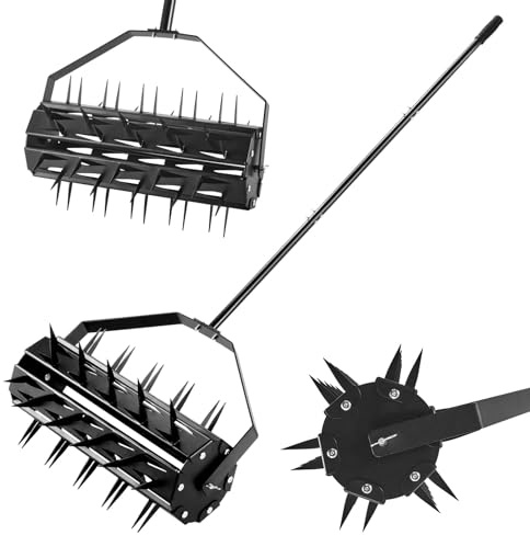 Rollender Rasenbelüfter, Rotationsspieß-Rasenbelüfter, strapazierfähiger manueller Belüfter, Rasenwerkzeug, 43,2 cm Push-Spike-Belüfterwalze mit verstellbarem Stahlgriff für Garten, Rasen, Terrasse
