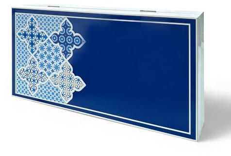 Biggdesign Blå Tile Backgammon, MDF-kropp, magnetlås, glänsande skyddslack, reptålig spelyta, inkl. kub och spelstenar