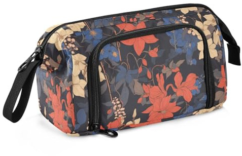 KLL Retro Clematis Flowers Blue Red School Pencil Case Large Capacity Pencil Carrying Case Portable for Girls School Supply