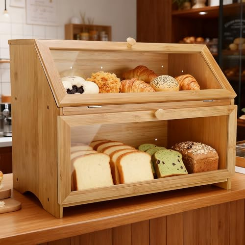 ADDLIVE Wooden Bread Bin, Double Bread Bin, 2 Tier Bre-ad B-in, Large Bre-ad B-in with Transparent Window and Ventilation Design, Brea-d Bins for Kitchen and Dining Room, 15.35 * 9.85 * 12.6 Inch